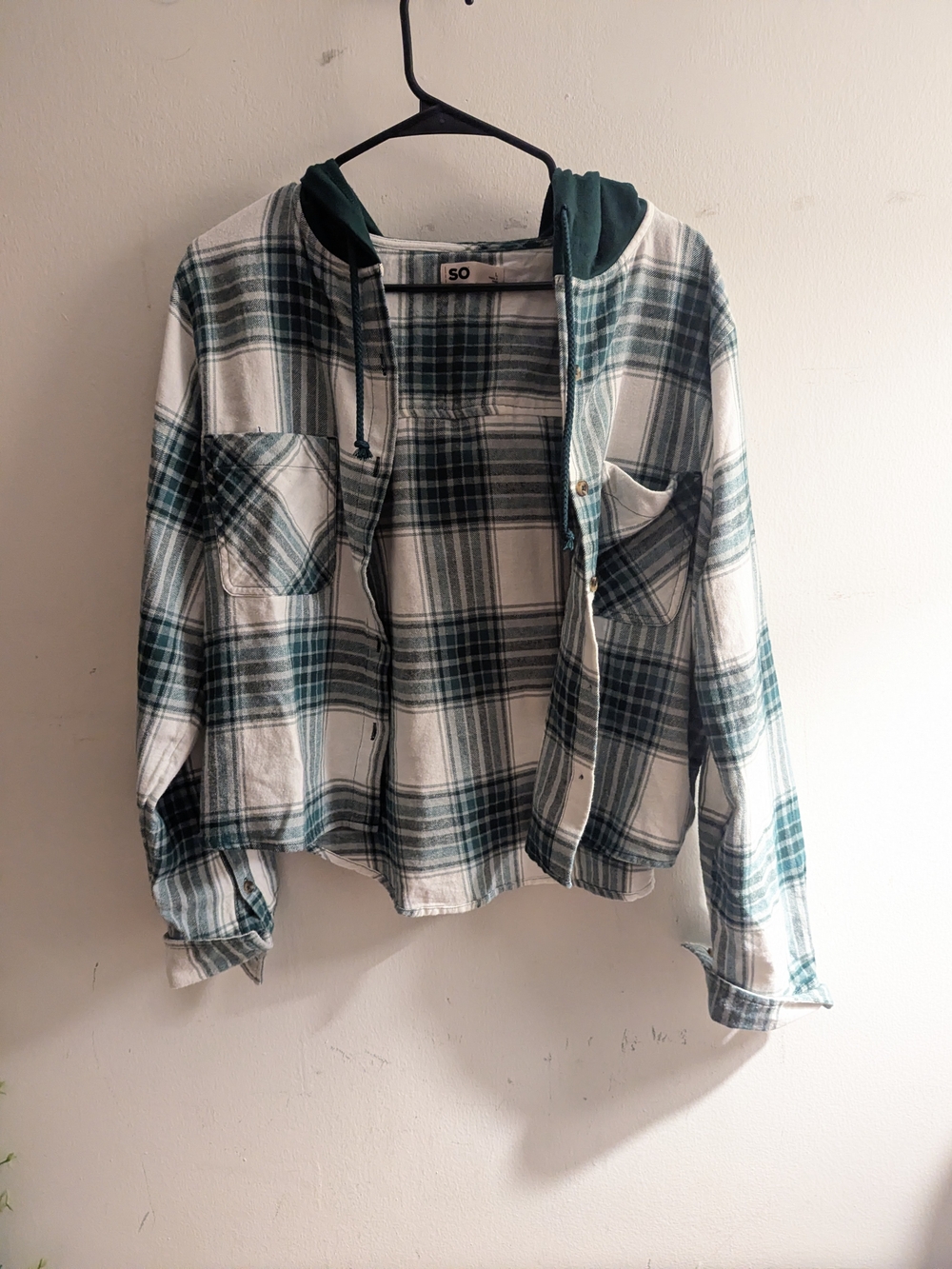 SO Green and White Plaid Hooded Button-Down Shirt